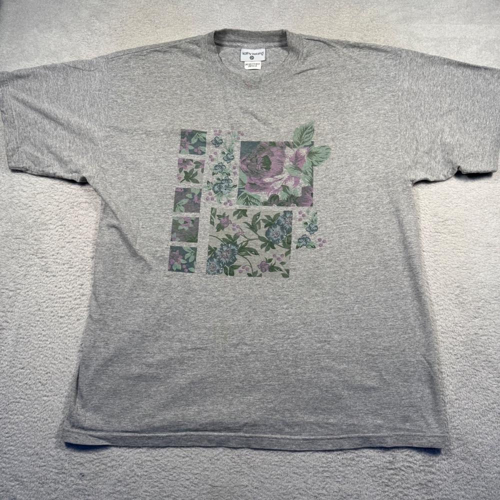 Vintage 90s Kathy Ireland Floral Print One Size Fits Most Gray Tee Made‎ in USA